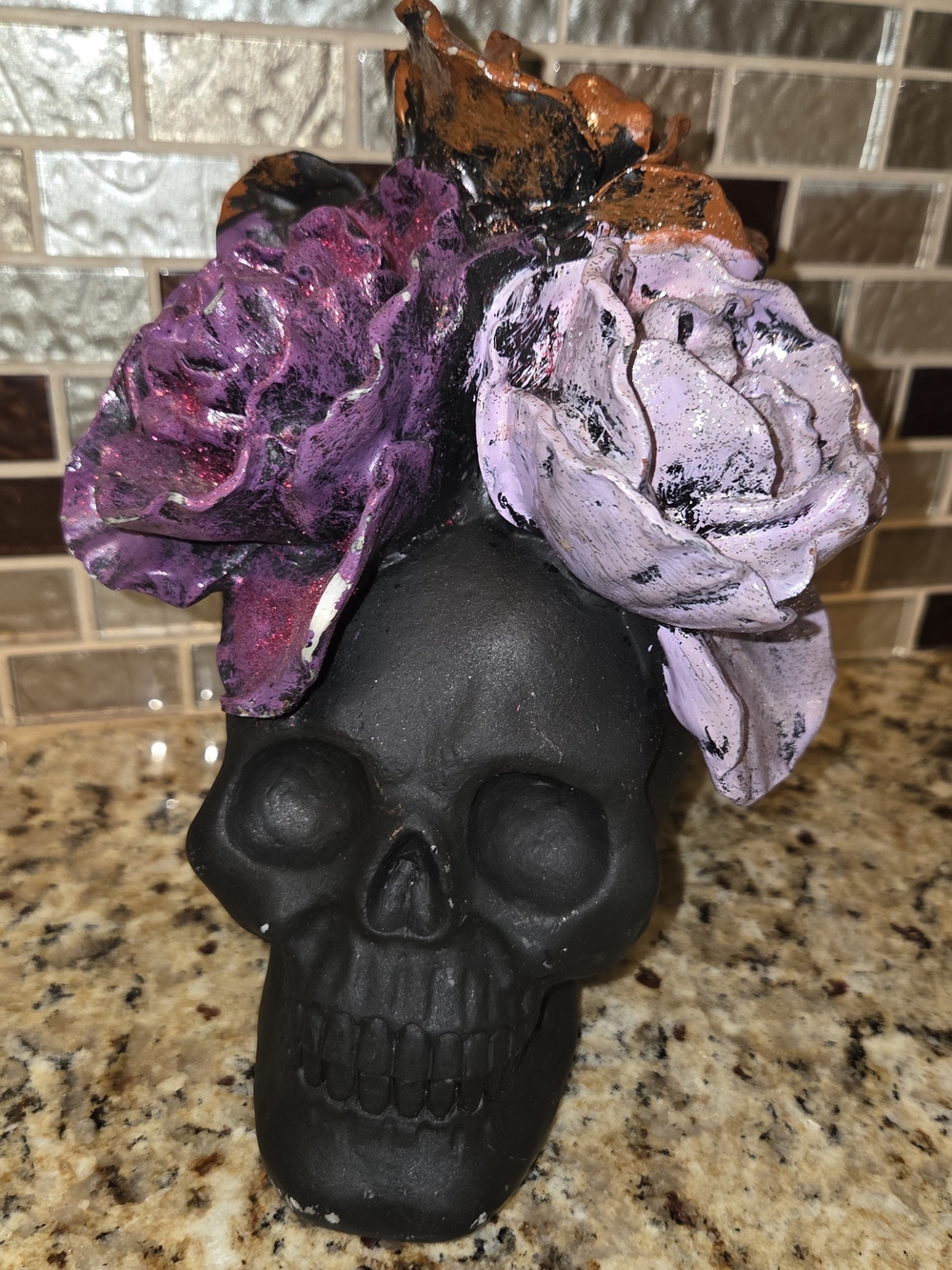 Black Resin Decorative Halloween Skull with Purple Lavender & Orange Flowers